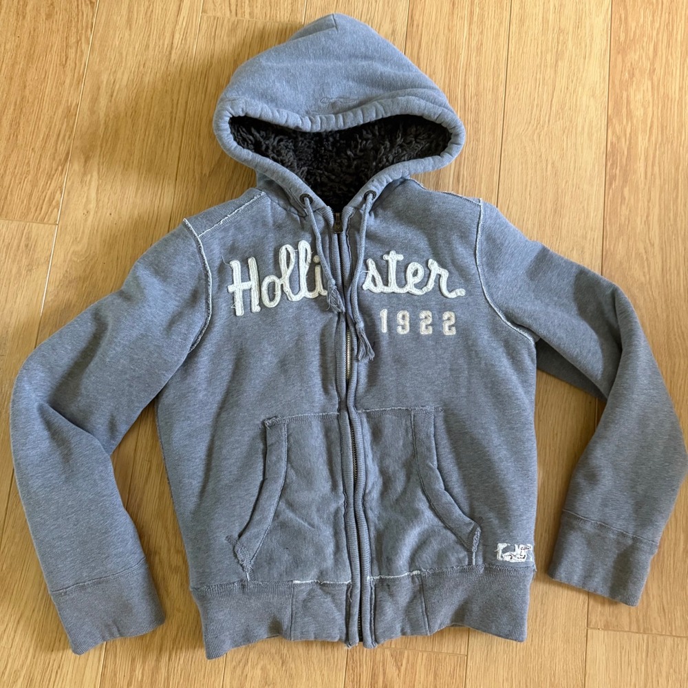 Rare Vintage Hollister Hooded Jacket Coat Mens Small Gray Faux Fur Y2K Retro
